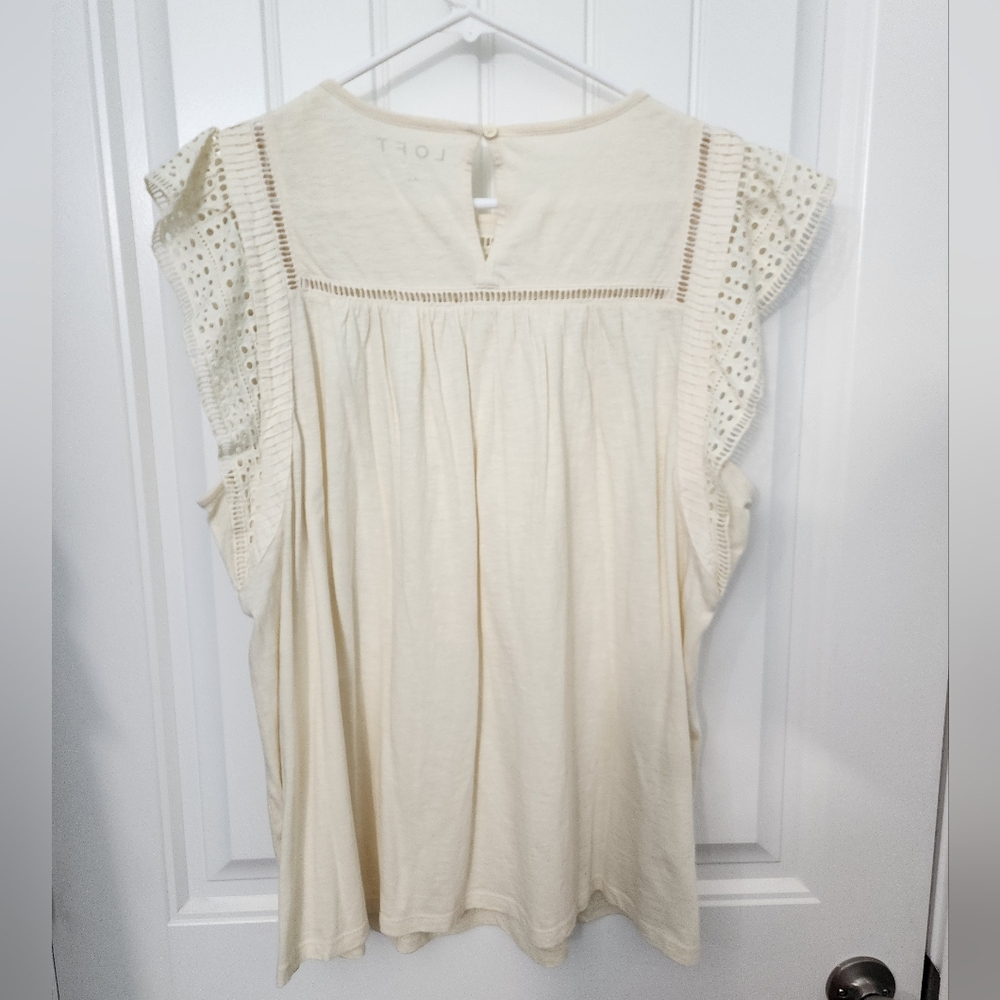 LOFT Cream Crochet Yoke Flutter Sleeve Top, Size XL - Picture 2 of 4